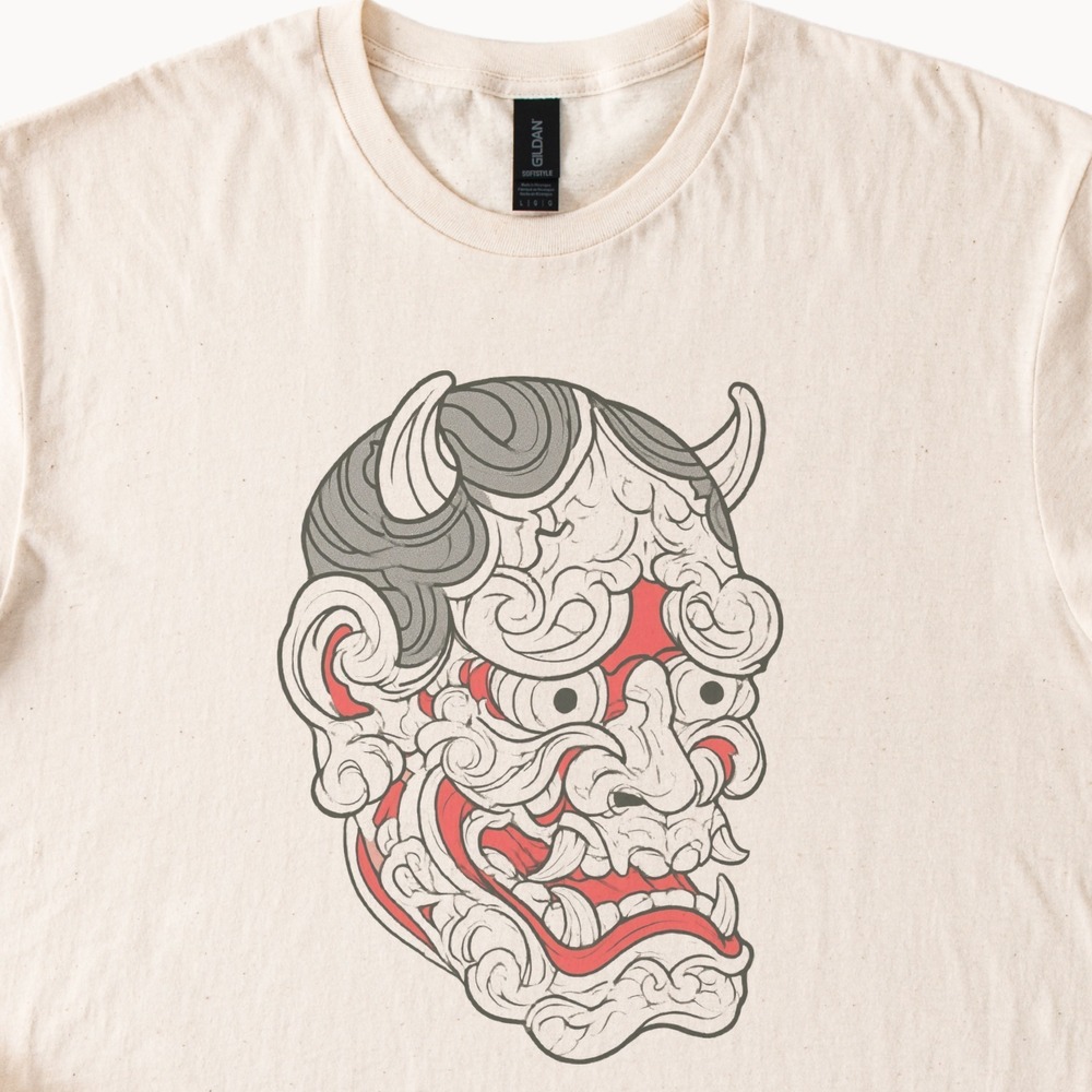 Horned Oni Mask Snarling in Japanese Scroll Motifs Tee